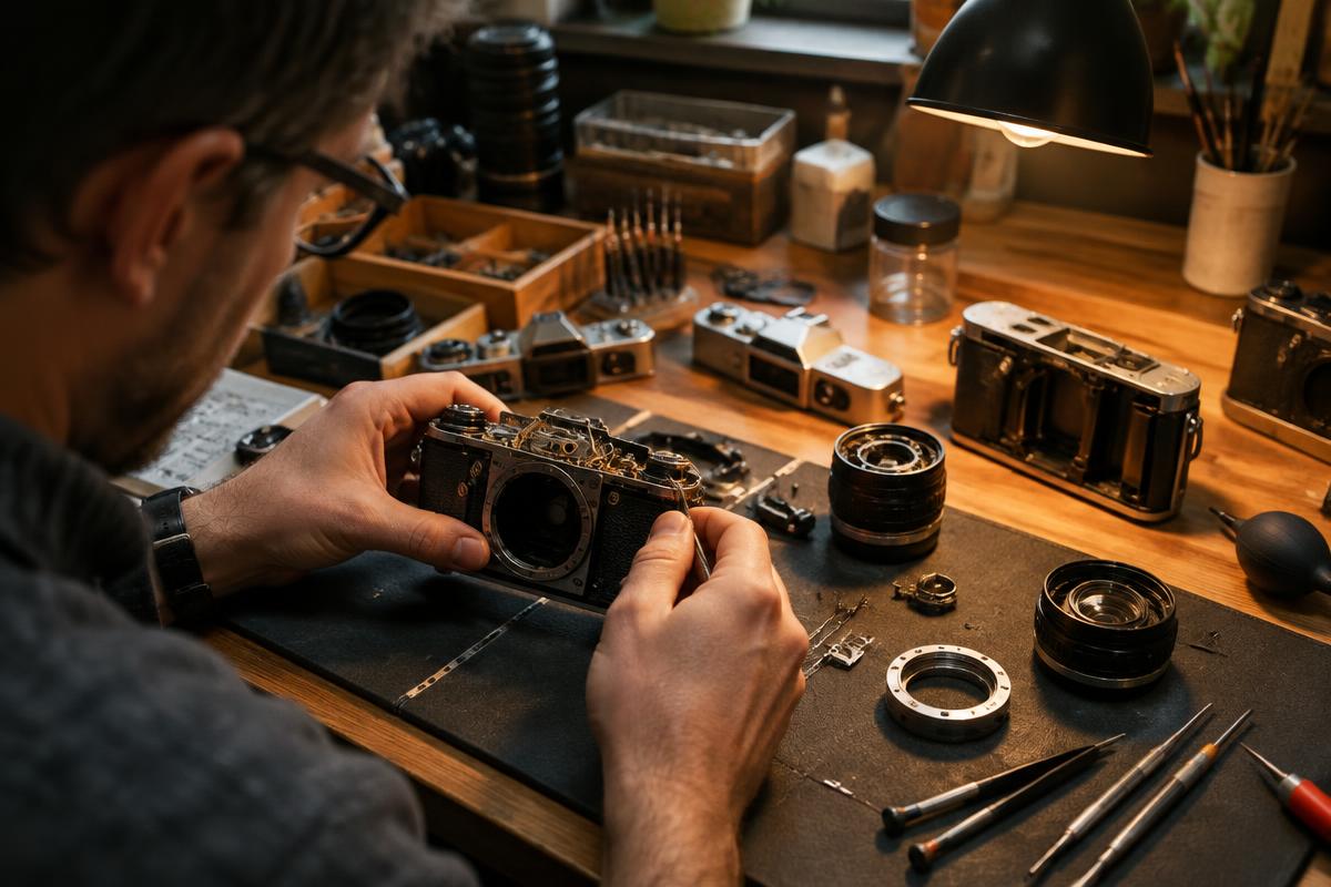 Technician servicing vintage film cameras on the workbench